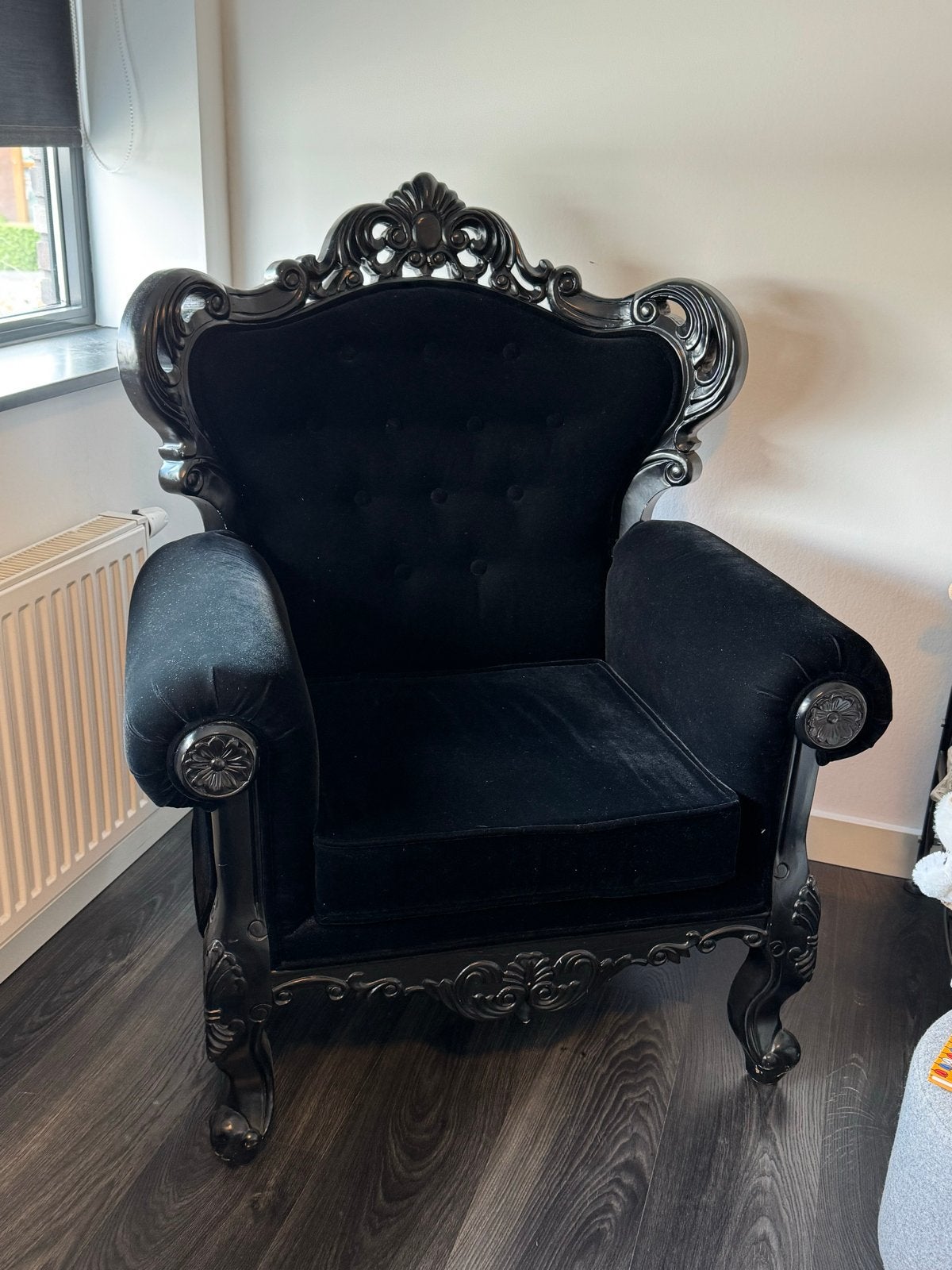 Luxe Zwarte Brocante Fauteuil Hout & Fluweel Grote Stoel, Ophalen, Gebruikt, Hout, 75 tot 100 cm