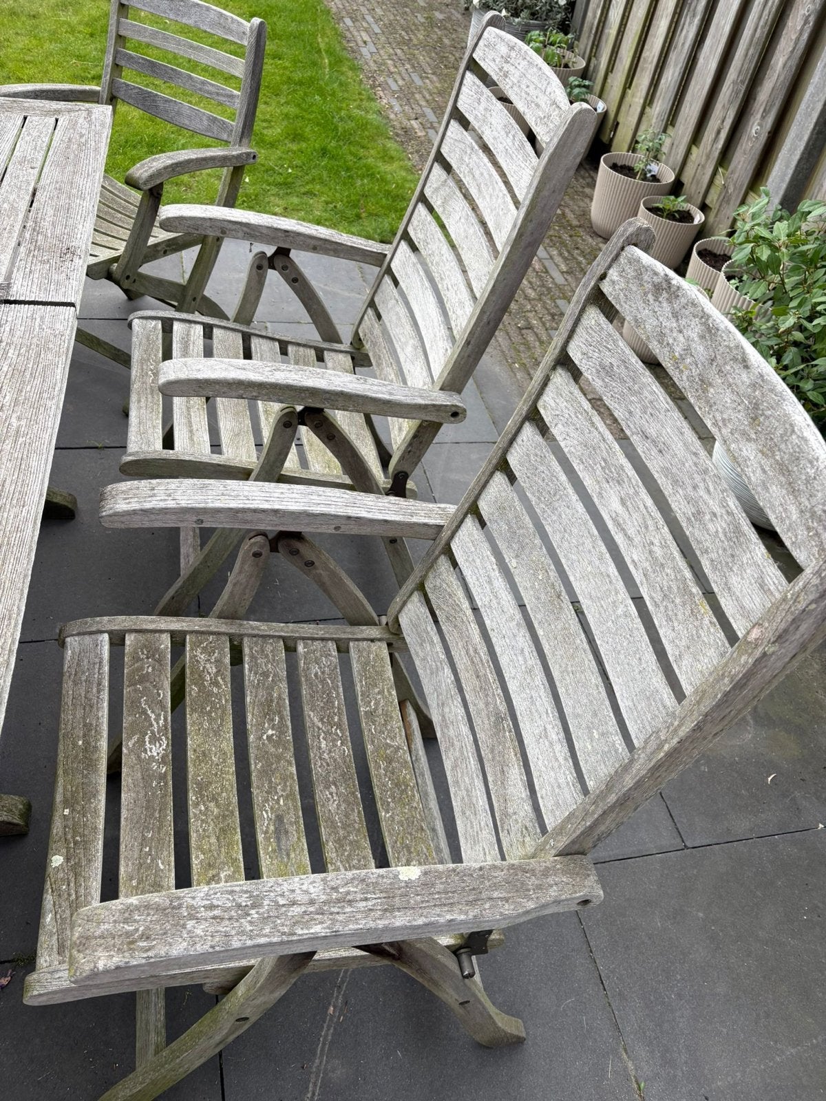 Houten tuinset met 4 stoelen - Gebruikt, Ophalen, Gebruikt, Eettafel, 6 zitplaatsen