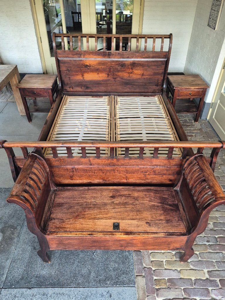 Teakhouten bed 160x200, Ophalen, Bruin, Tweepersoons, 160 cm