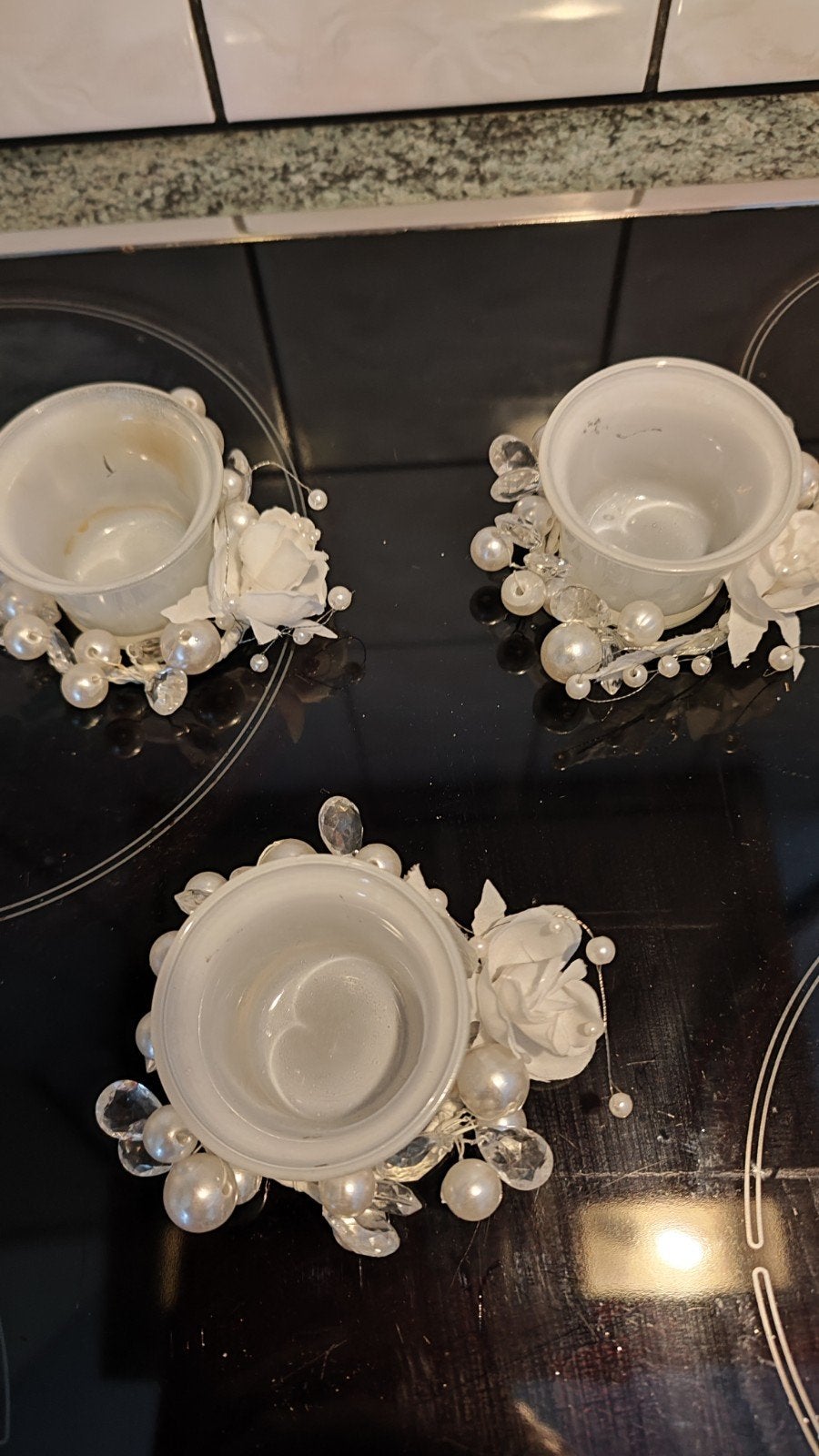 Set van 3 witte theelichthouders met parels en bloemen, Ophalen, Wit, Glas, Klassiek