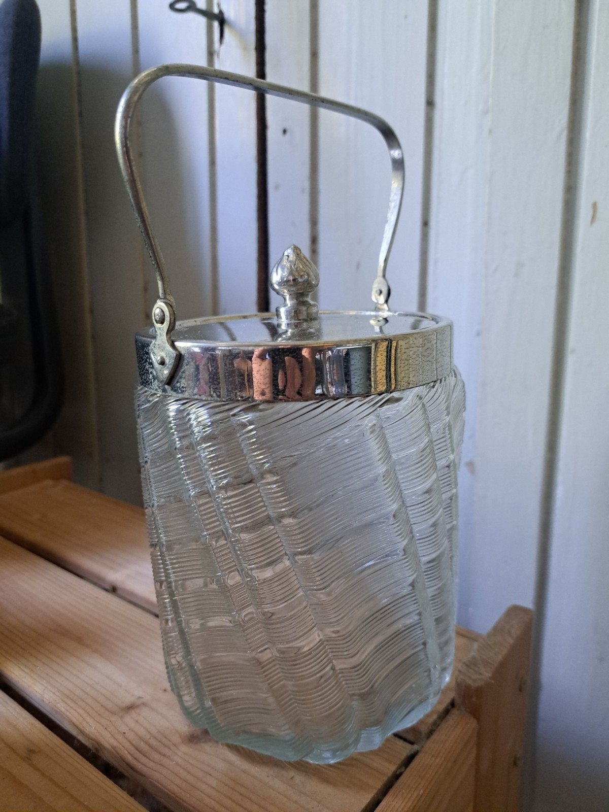 Vintage glazen ijsemmer met metalen handvat en deksel, Ophalen