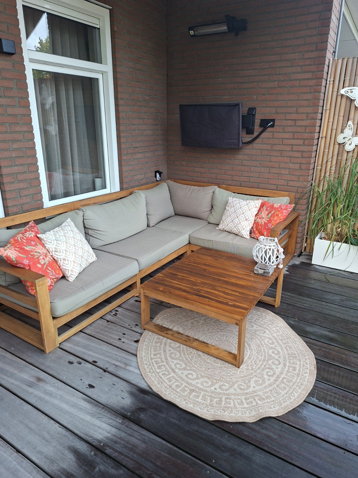 Houten tuinset met 4 stoelen en ronde tafel en hoekbank, Ophalen, 4 zitplaatsen, Gebruikt, Hardhout