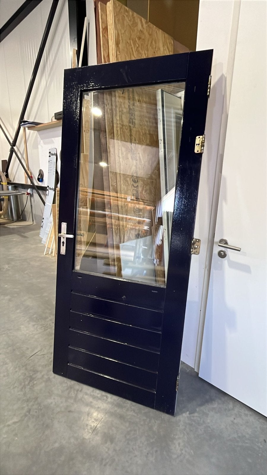 Donkerblauwe deur met glas - 912 x 2110 mm, Ophalen, Gebruikt, 80 tot 100 cm, 215 cm of meer