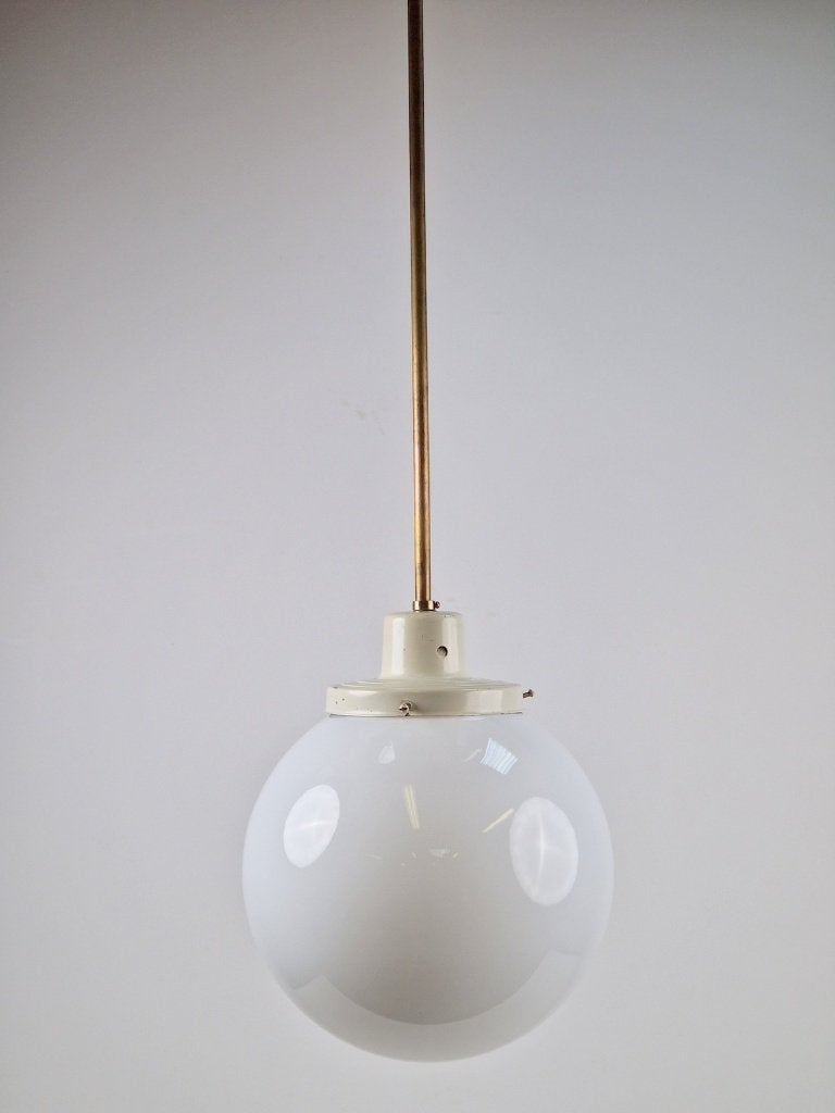 Vintage Art deco bol hanglamp schoollamp kopper stang ‘50, Gebruikt, Vintage, Glas, E27 (groot)