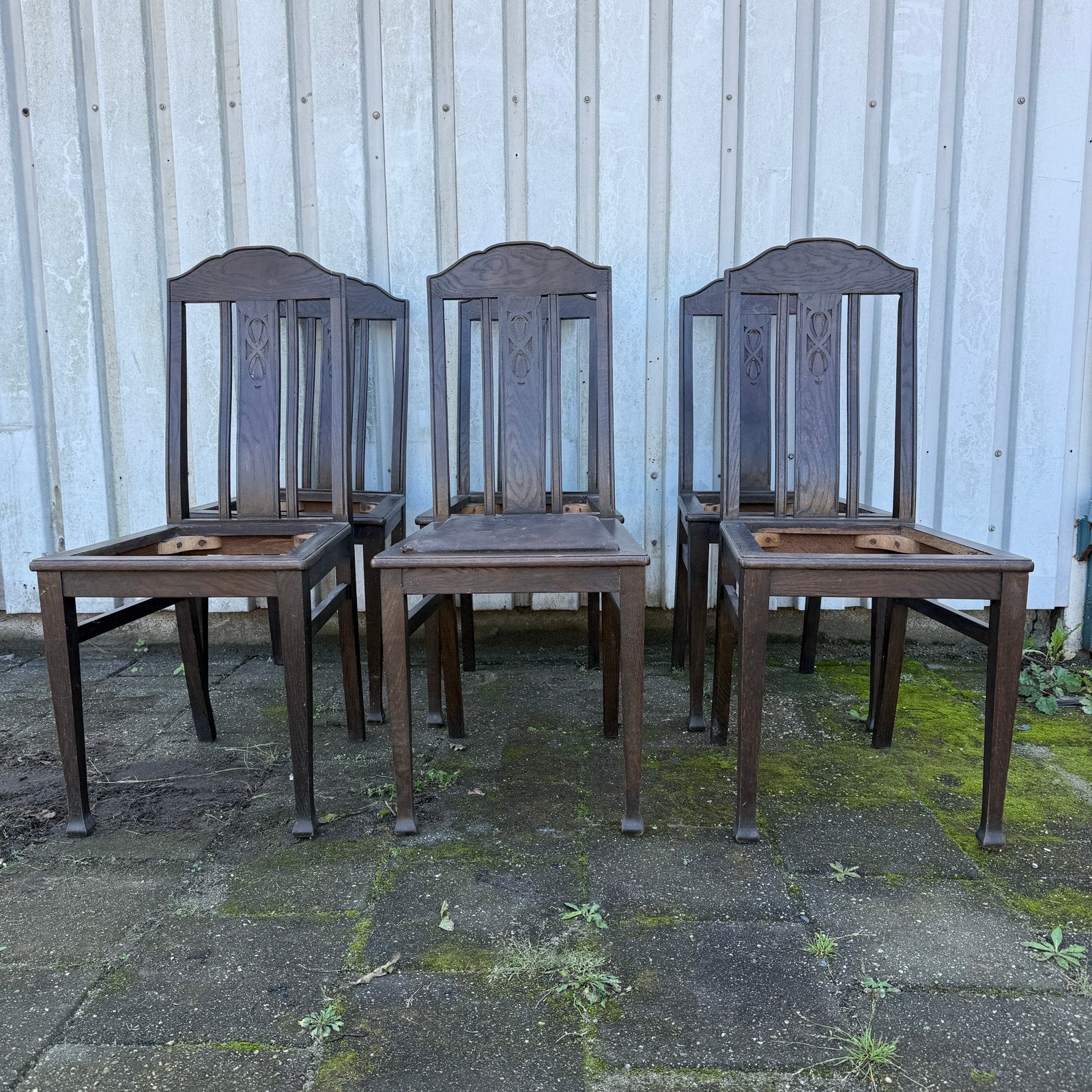 Set van 6 houten art deco nouveau eetkamer stoelen antiek, Ophalen