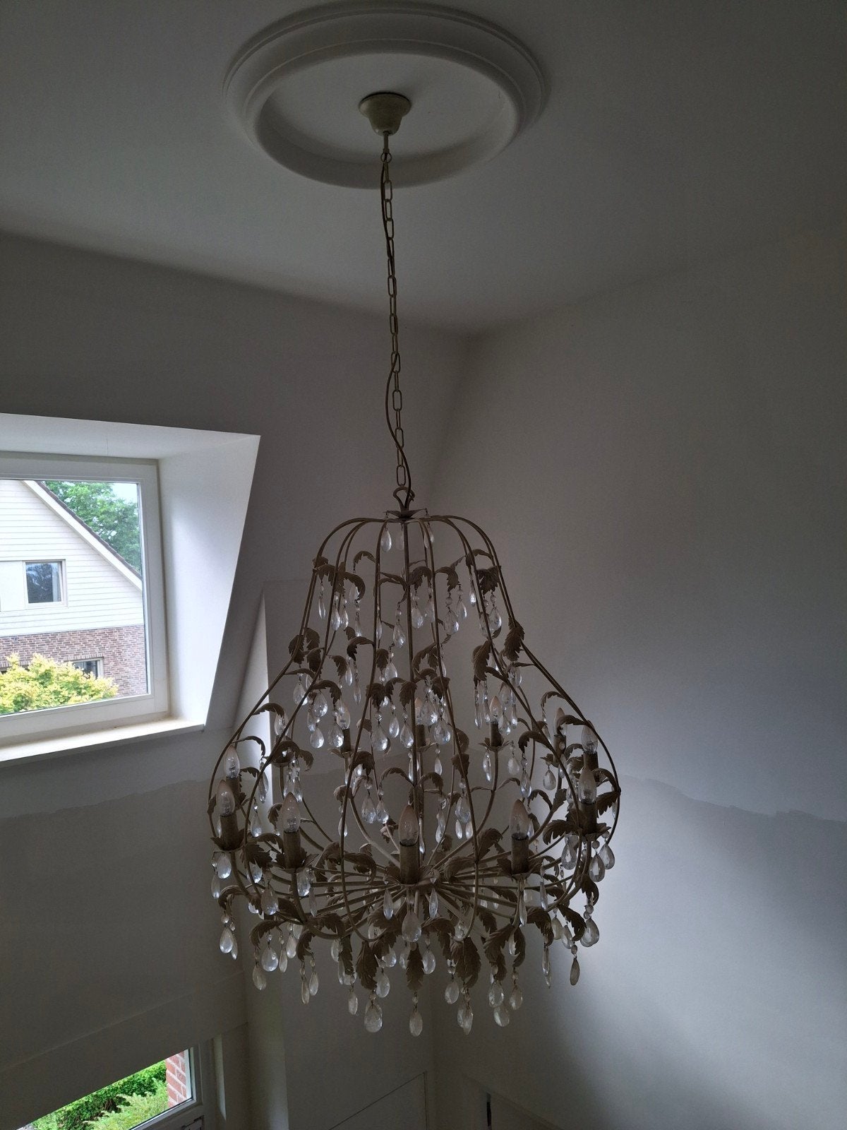 Grote kroonluchter met kristallen, Ophalen, Gebruikt, E14 (klein), Glas