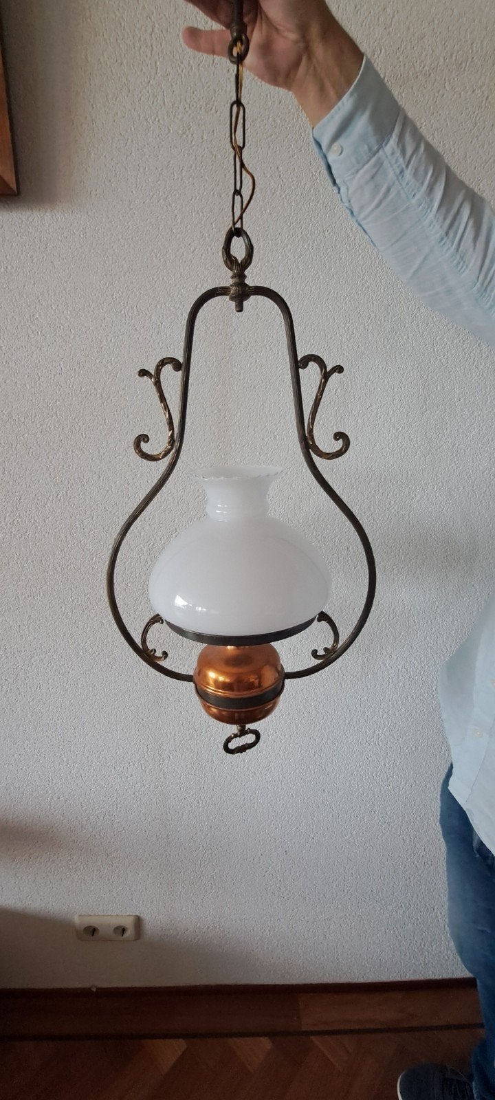 Antieke oliehanglamp schipperslamp met kap, Ophalen, Gebruikt, Jugendstil