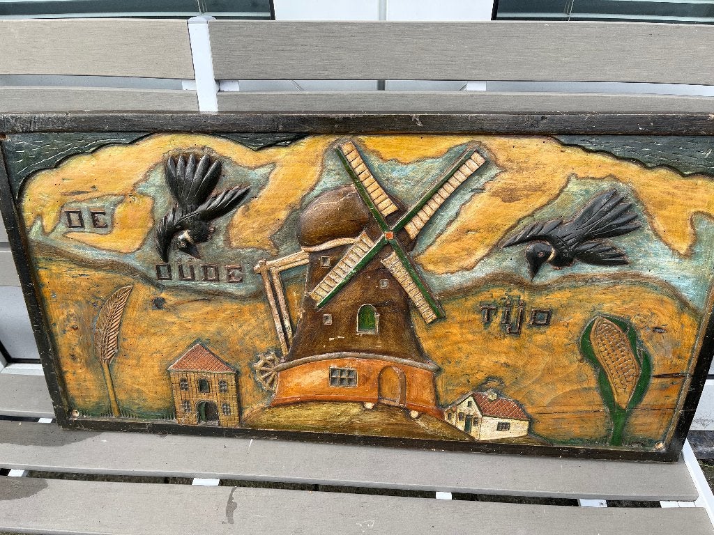 Handgestoken houten paneel met molen De Oude TIjd, Ophalen