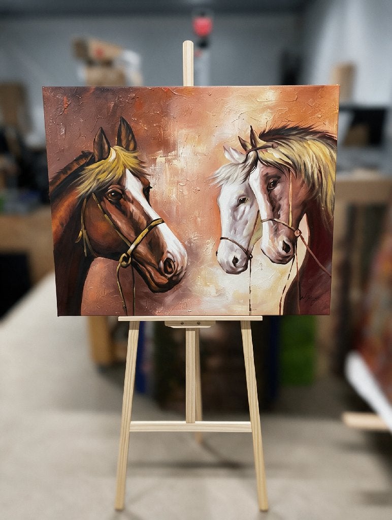 Horses in the Stable van W. Ryaney – schilderij, Antiek en Kunst, Ophalen, Gesigneerd, Acrylverf, Dieren