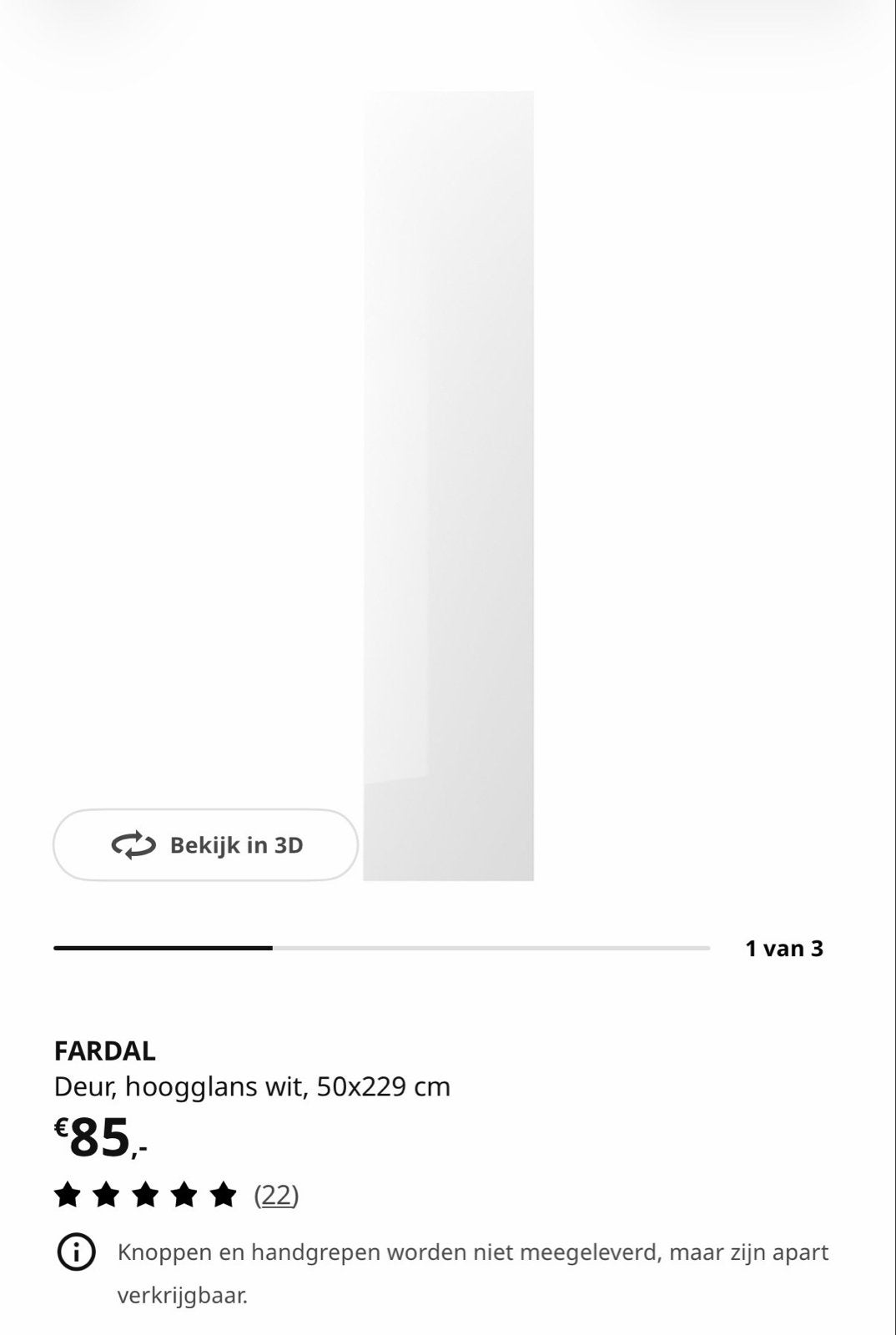 2x IKEA Pax Fardal deuren wit hoogglans 50x229 cm, Ophalen, 200 cm of meer, 50 tot 100 cm, Zo goed als nieuw