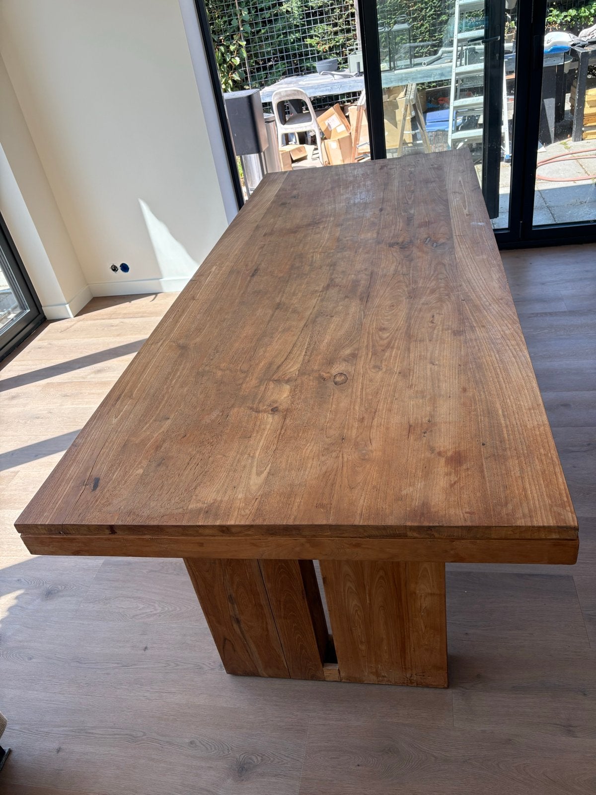 Robuuste Teakhouten Eettafel met 4 Stoelen, Ophalen, Gebruikt, Teakhout, 200 cm of meer