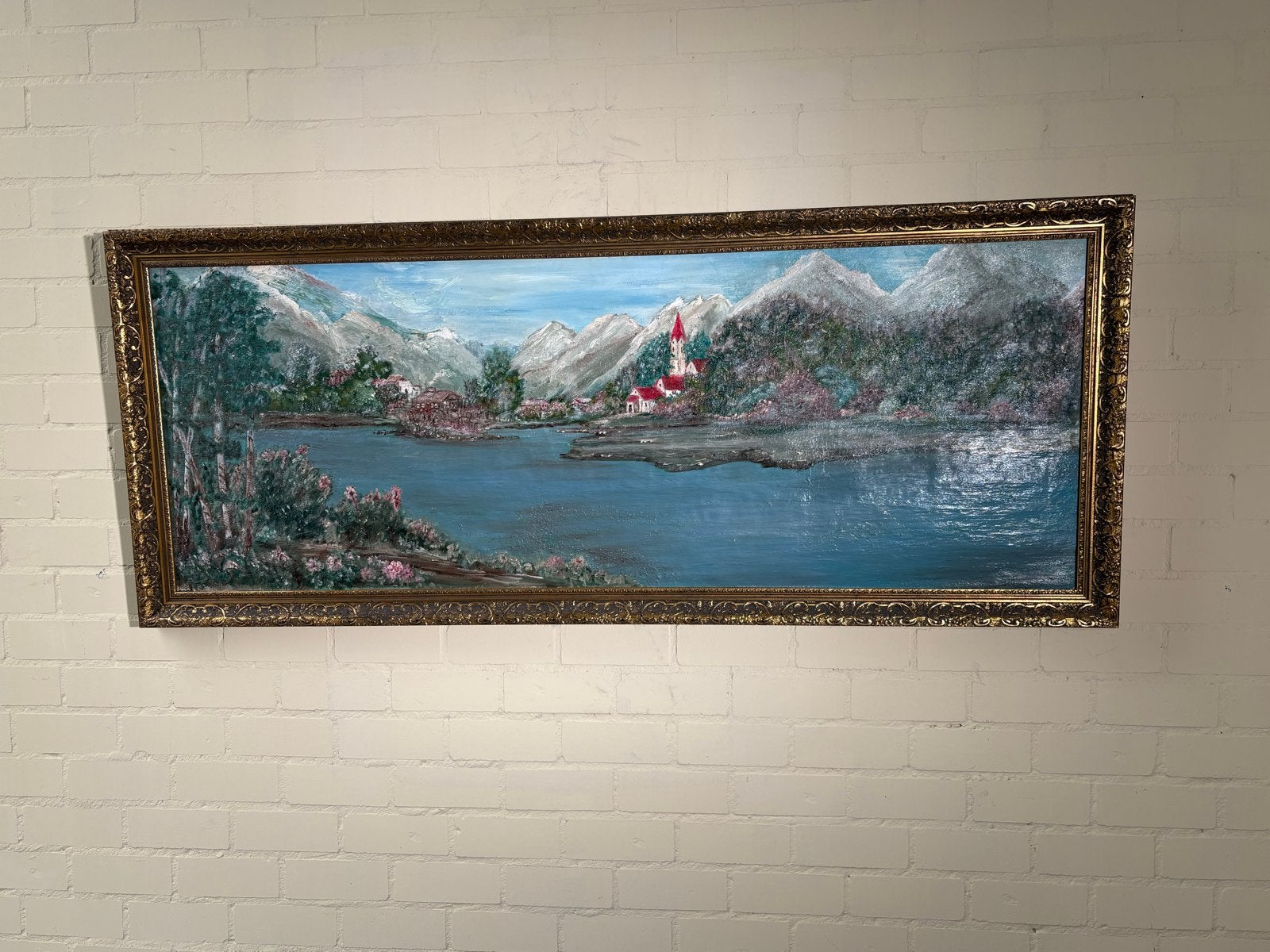 Oud schilderij berglandschap met meer en dorp, Ophalen, Doek, Landschap, Olieverf