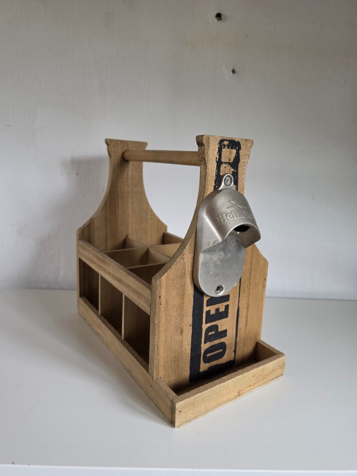 Houten bierdrager met opener - Vintage stijl, Gebruikt, Ophalen of Verzenden, Bruin, Vintage