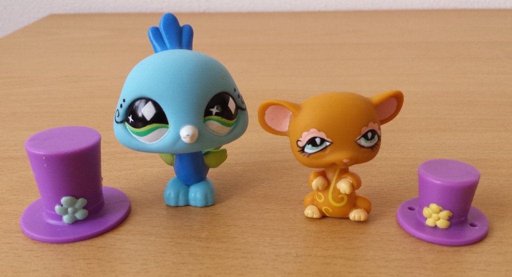 Littlest Pet Shop #462 Mouse + #463 Peacock + hoeden - 2008, Gebruikt, Ophalen of Verzenden, Hasbro, Nvt