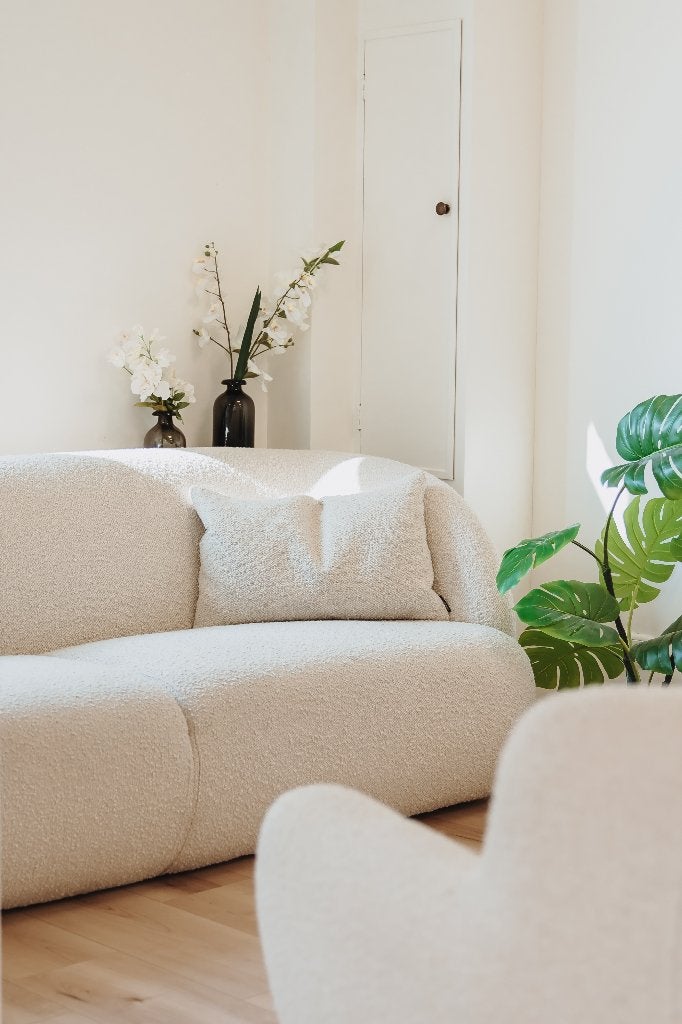 SOFACOMPANY | 3-zitsbank + 2 Fauteuils + Poef | Teddy Cream, Ophalen, Japandi, 150 tot 200 cm, 75 tot 100 cm