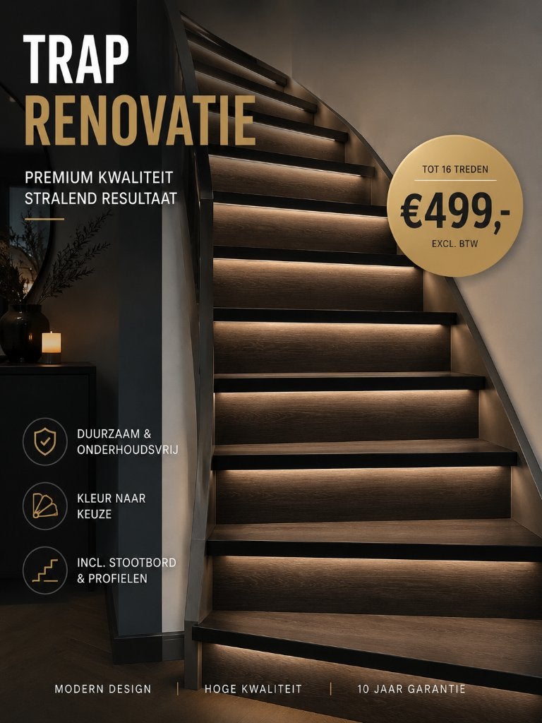 Traprenovatie tot 16 treden €499,- + stootborden & profielen, Huis en Inrichting, Crème, Nieuw, Ophalen of Verzenden, Laminaat