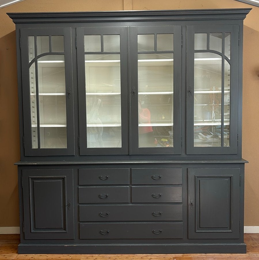 Old Basics Buffetkast - Donkergrijs met Glazen Deuren, Ophalen, 200 cm of meer, Met lade(s), 50 tot 75 cm