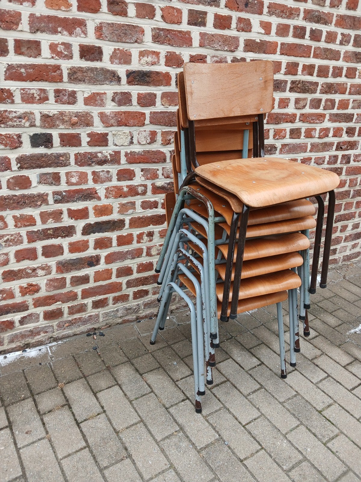 8 vintage schoolstoelen, Ophalen, Gebruikt, Bruin, Metaal