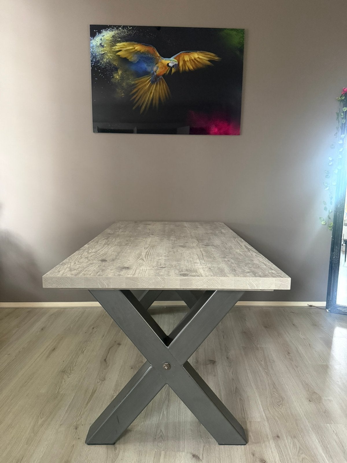 Grijze eettafel met stalen poten, Ophalen, 200 cm of meer, 50 tot 100 cm, Zo goed als nieuw