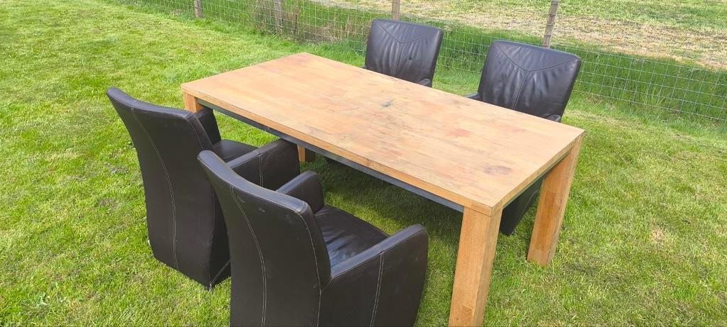 Eettafel met 4 stoelen - Hout en leer, Huis en Inrichting, Tafels | Eettafels, 50 tot 100 cm, 150 tot 200 cm, Modern, Vier personen