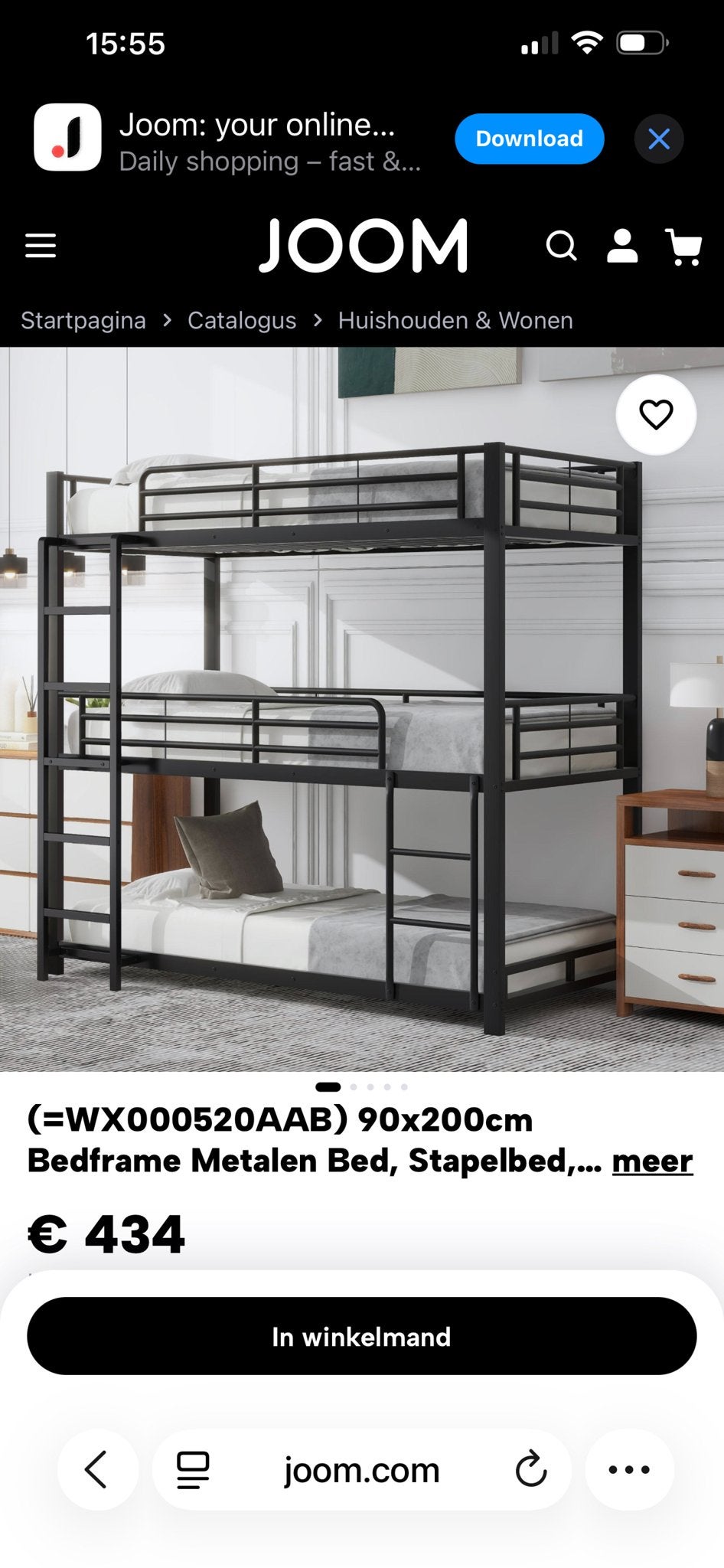 Zwart metalen stapelbed 90x200cm - Drie persoons, Gebruikt, 90 cm, Verzenden, Tweepersoons