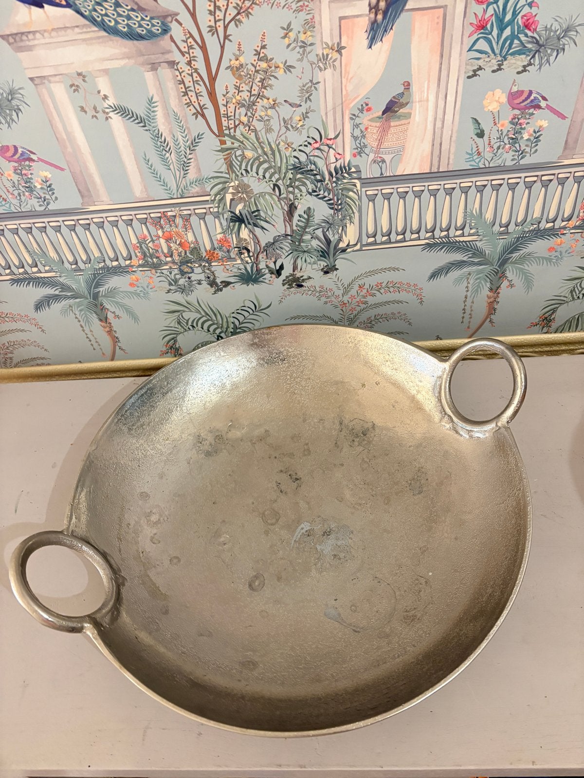 Grote aluminium decoratieschaal / wadjan (40 cm), Met handvatten, Gebruikt, Schaal, Rond