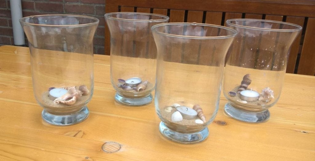 GRATIS 19cm Grote glas theelichthouders + schelpen + kaarsen, Ophalen, Gebruikt