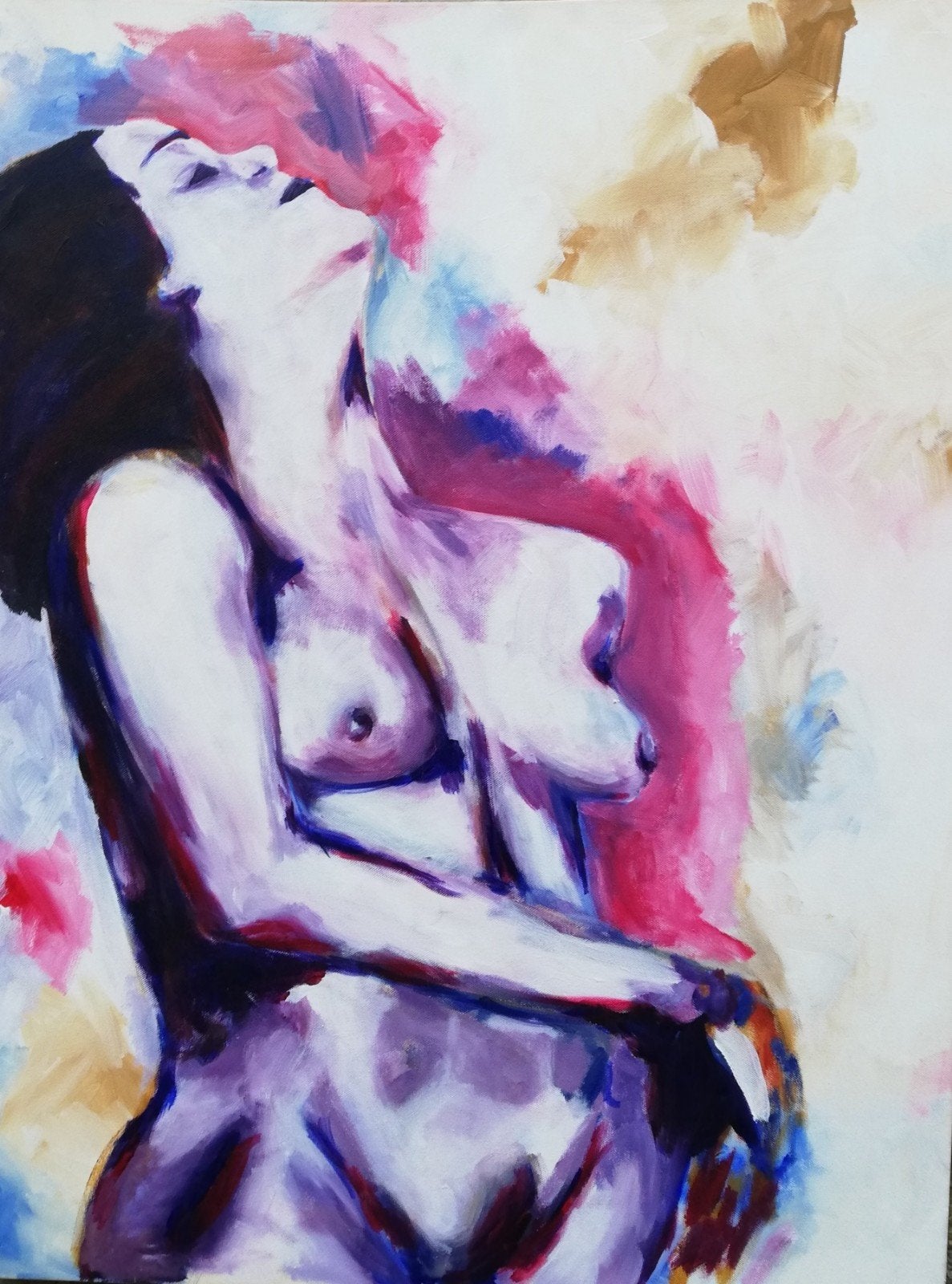 Naaktmodel. Acryl/doek. 70/89 cm., Antiek en Kunst, Acrylverf, Overig onderwerp, Handgeschilderd, Ophalen of Verzenden