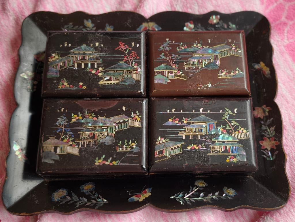 Japanese mother-of-pearl boxes set, Antiek en Kunst, Ophalen, Houtsnijwerk, Zwart, Hout