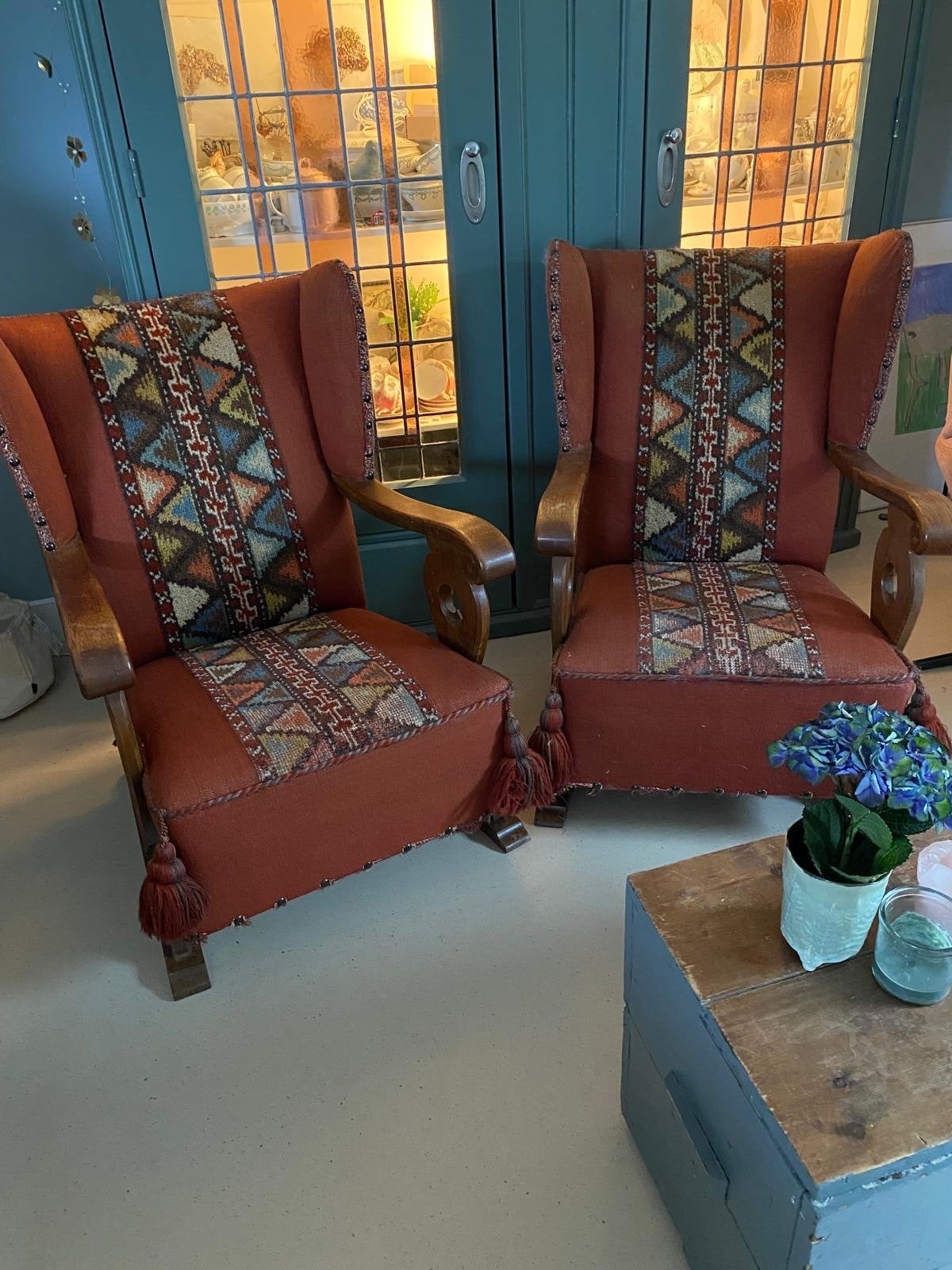 Unieke Jaren 70 Statement Fauteuils met Kelim Patroon, Ophalen, Zo goed als nieuw, Stof, 50 tot 75 cm