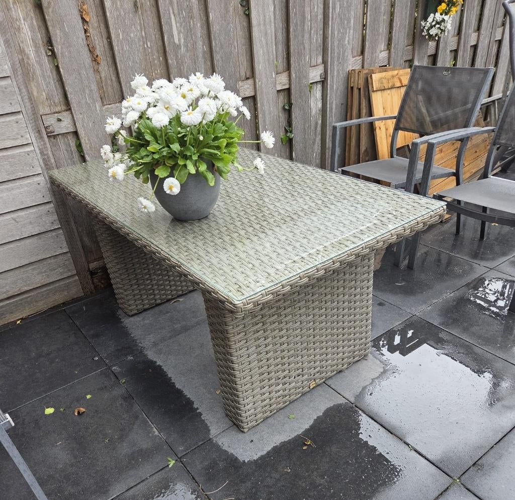 Tuintafel Wicker met hardglazen plaat, Ophalen, Gebruikt, Rechthoekig, Wicker