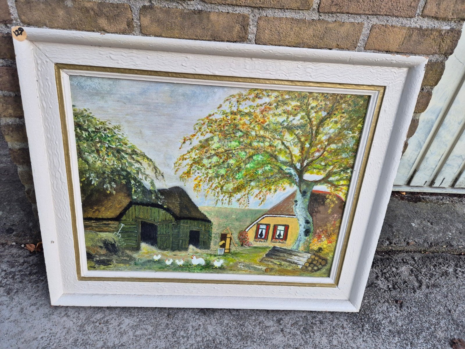 Schilderij Boerderijlandschap met Kippen - 77x62cm, Antiek en Kunst, Ophalen