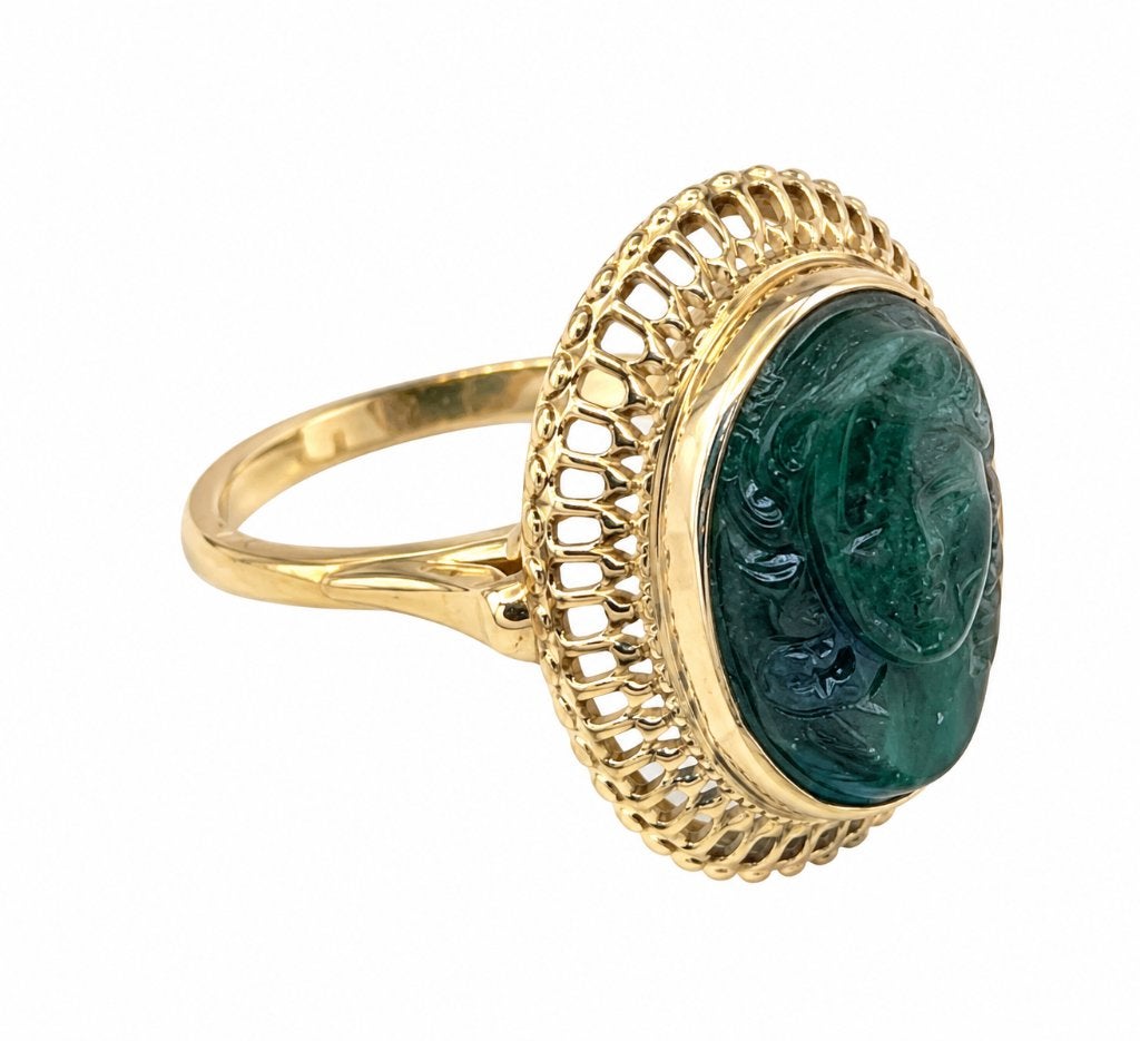 Vintage 14 K Gouden Ovaal Malachiet Camee Ring, Ophalen, TIEMAN JUWELIERS, -, Zo goed als nieuw