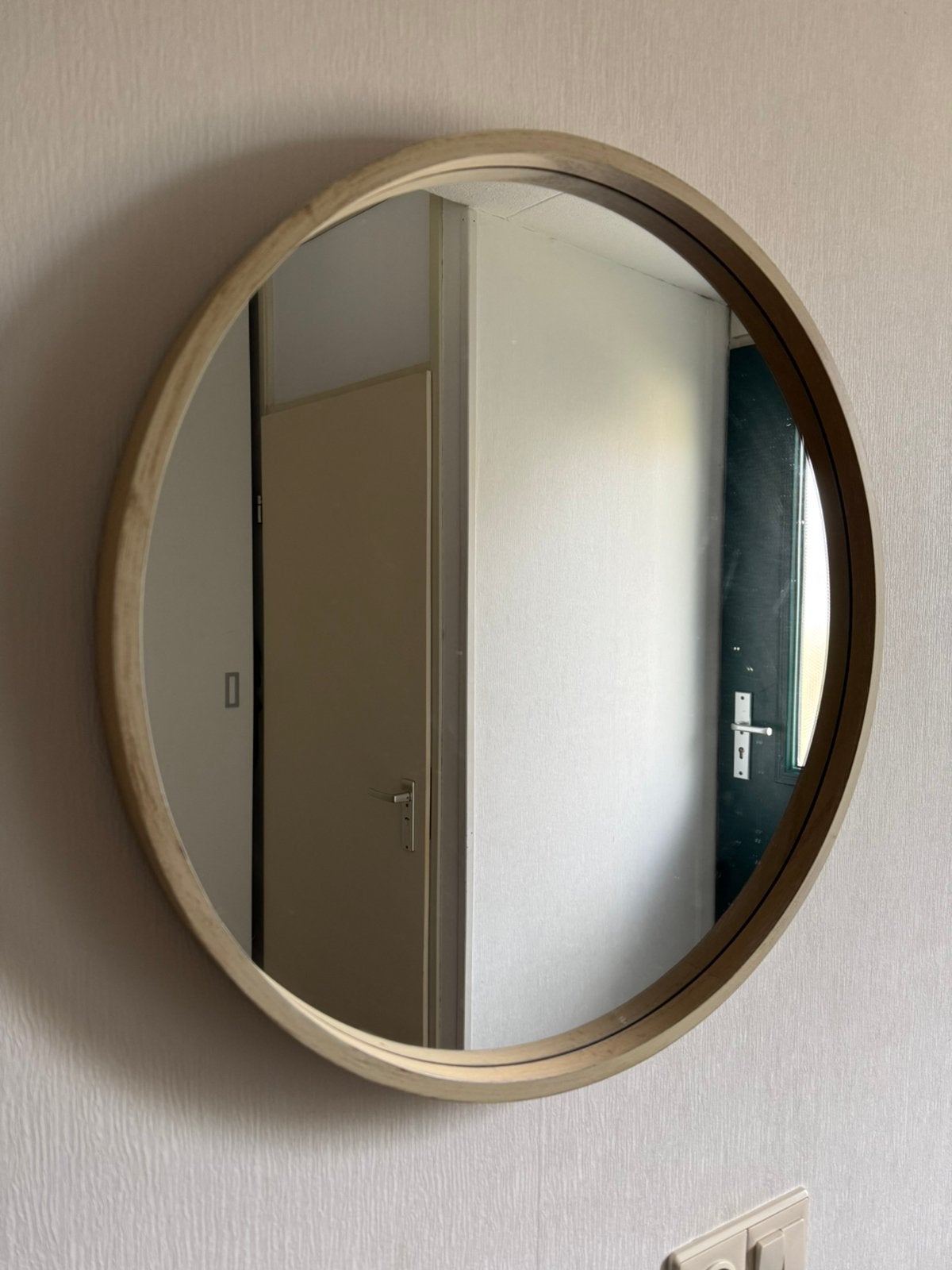 Ronde houten spiegel diameter 55 cm, Ophalen, Gebruikt, Rond, Minder dan 100 cm