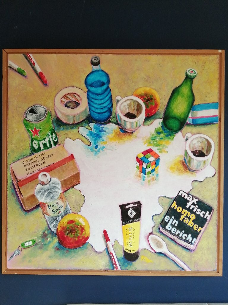 schilderij, paneel, stilleven met melk, Ophalen, Acrylverf, Stilleven, Handgeschilderd