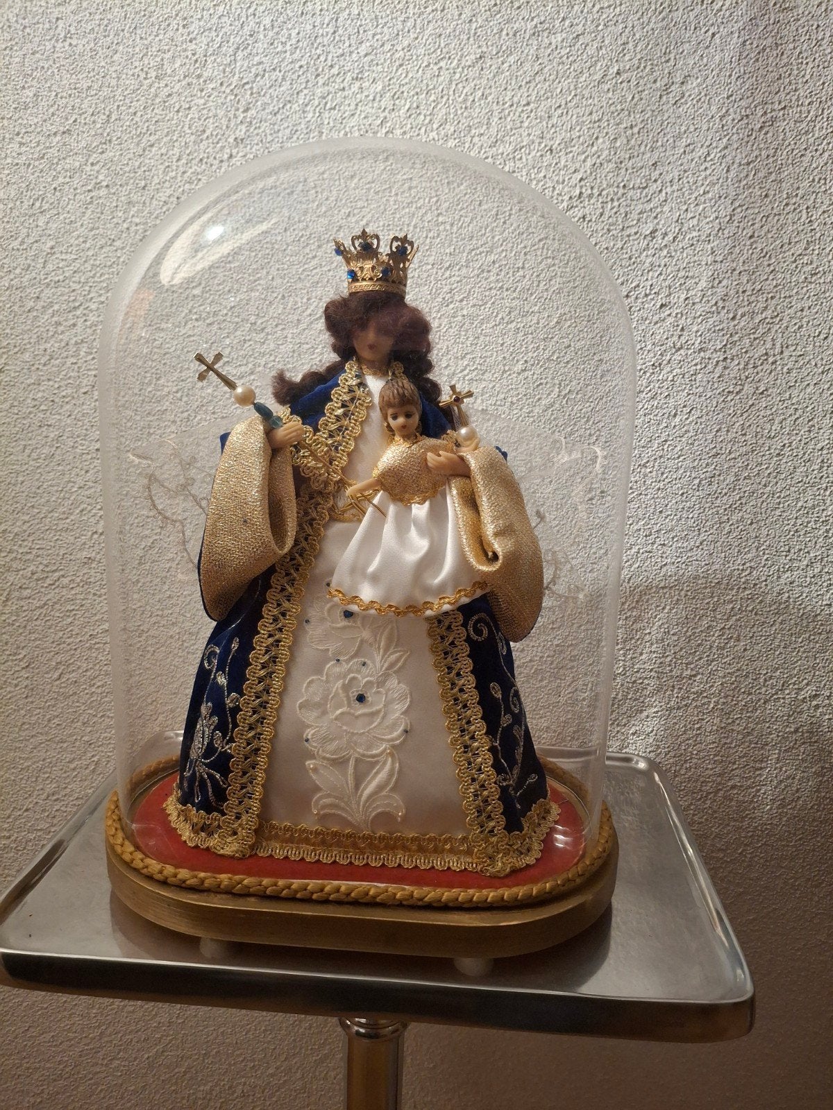 Antieke stolp met Maria beeld en kindje Jezus, Glas, Ophalen, Gebruikt, Handgemaakt