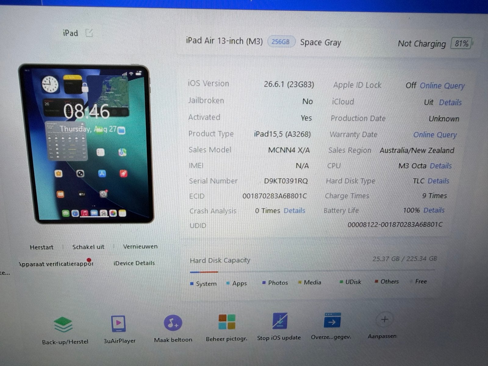 iPad Air 13 inch, 256GB, 100% accu, Touch ID defect, Apple iPad Air, Ophalen of Verzenden, 256 GB, Gebruikt