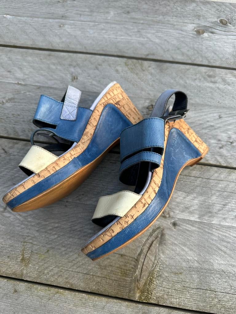 Blauwe sleehak sandalen maat 38, Ophalen, Gedragen, Blauw, Sandalen of Muiltjes