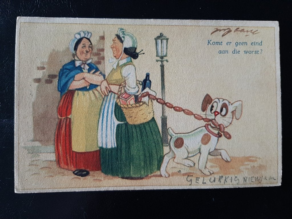 Humor, 2 dames/ hond met worst, gelopen, stempel Leerbroek, Verzenden, 1940 tot 1960, Gelopen, Overige thema's