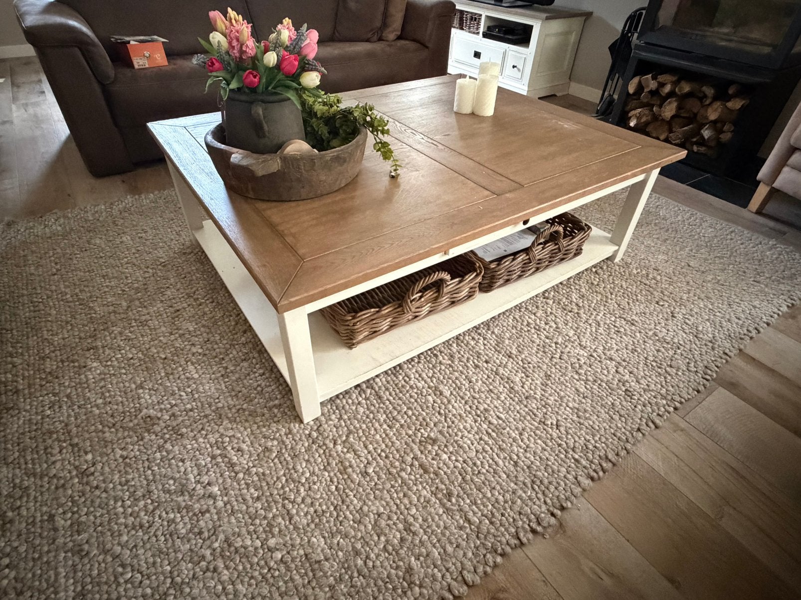 Salontafel, landelijk, wit/taupe, Ophalen, 100 tot 150 cm, 100 tot 150 cm, Landelijk
