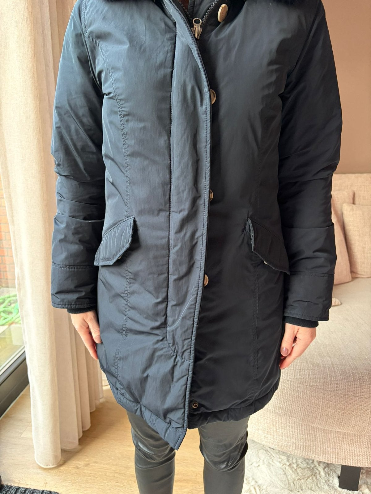 Woolrich parka donkerblauw S, Ophalen of Verzenden, Gedragen, Maat 36 (S), Blauw