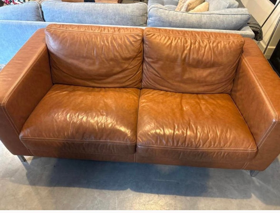 2,5 zits bank cognac leer Goossens, Ophalen, Zo goed als nieuw, 200 tot 250 cm, Leer
