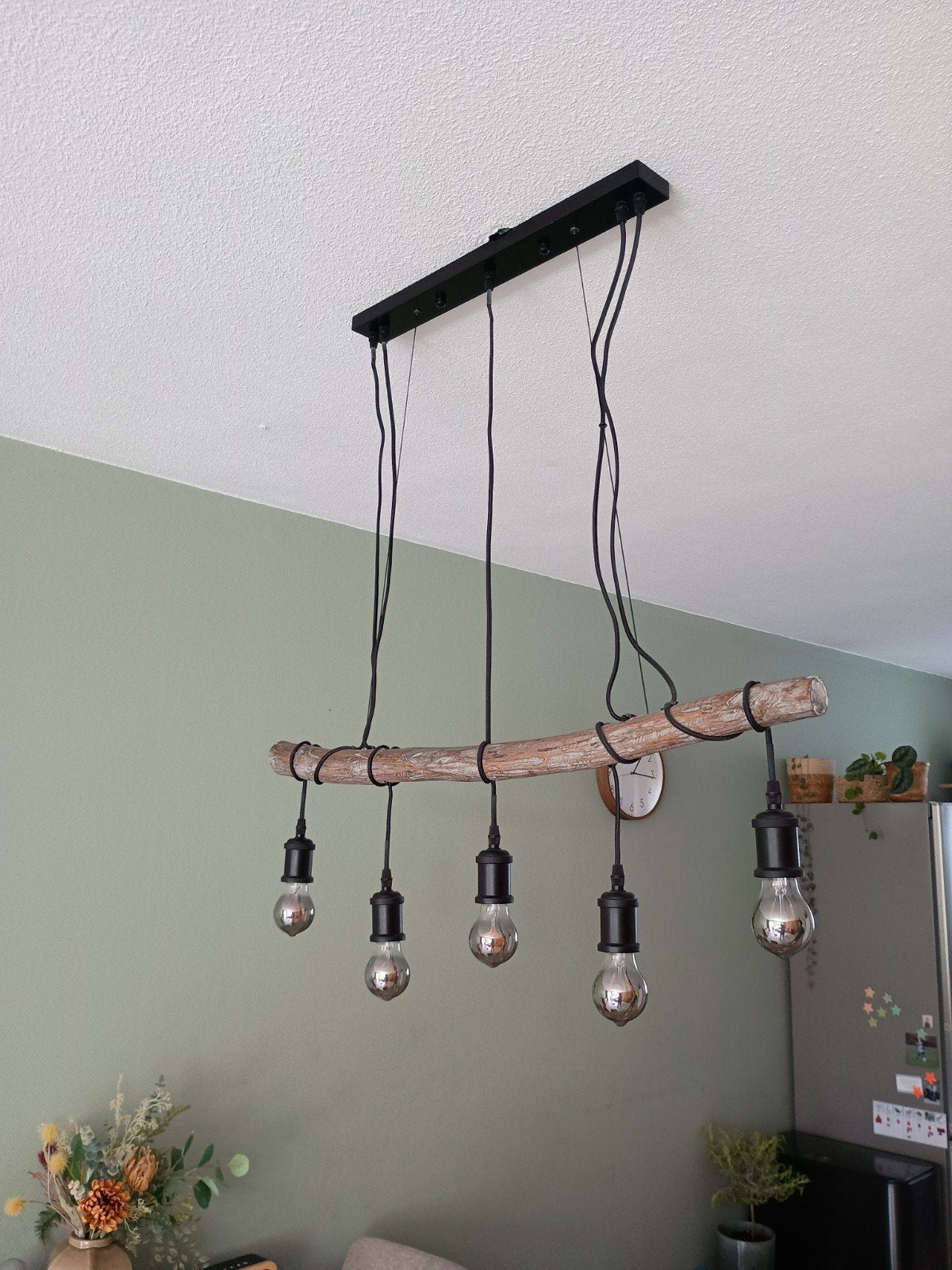 Houten Hanglamp met 5 warme lampen, Landelijk, Industrieel, Bohemian, Zo goed als nieuw, Hout, E27 (groot)