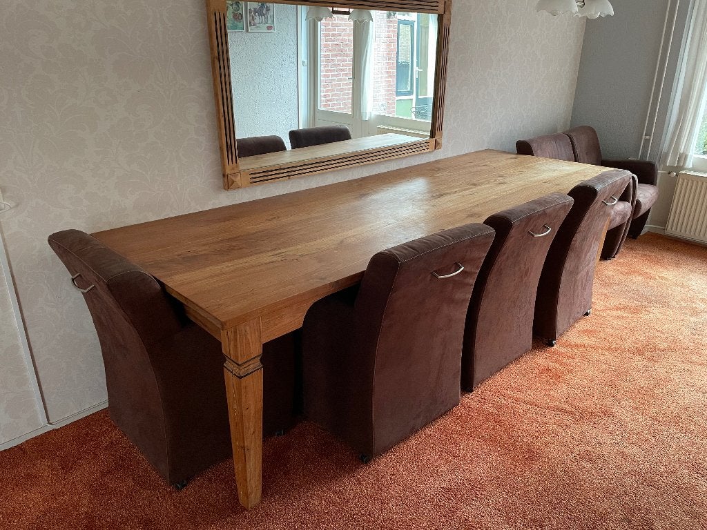 Tafel met 6 stoelen en spiegel, Ophalen, Gebruikt, 200 cm of meer, 50 tot 100 cm