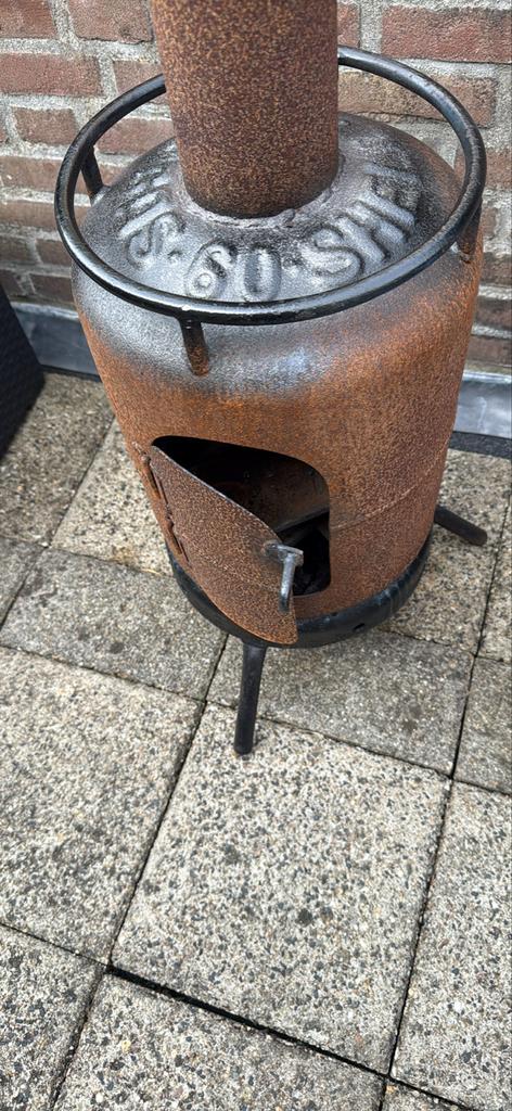Unieke houtkachel van gasfles met toebehoren, Gebruikt, Houtkachel, Ophalen of Verzenden, Vrijstaand