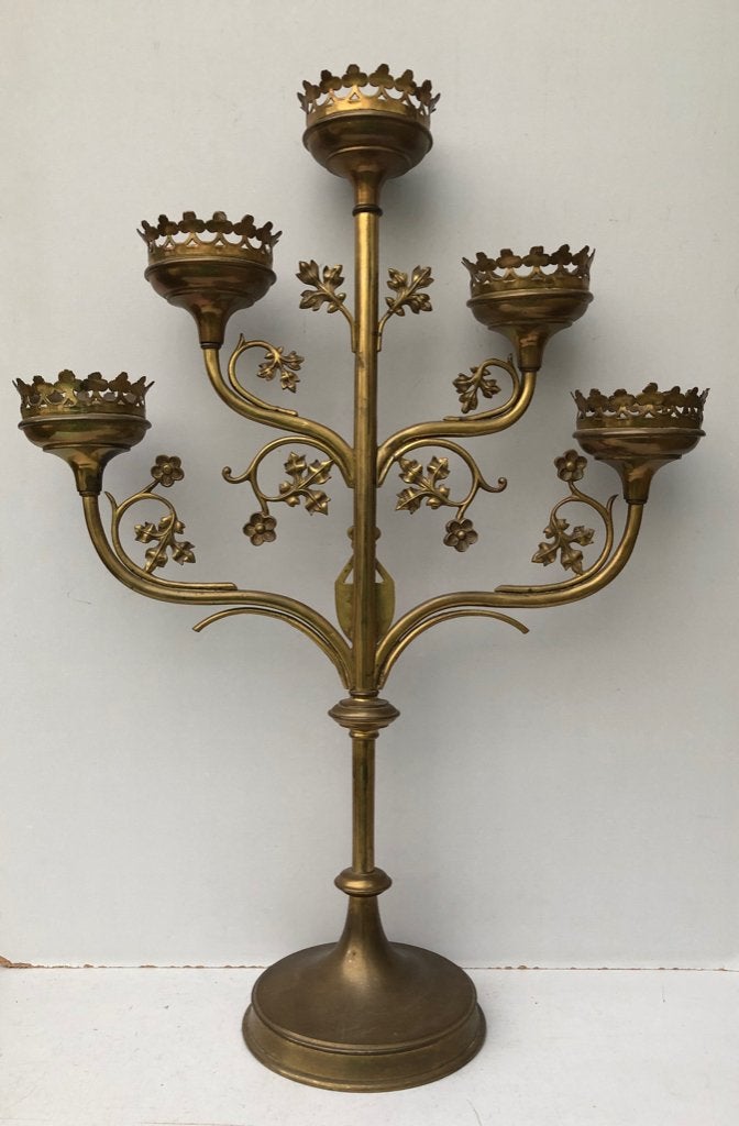 Antieke koperen 5 Armige Kerk Kandelaar, Ophalen of Verzenden, Koper of Brons