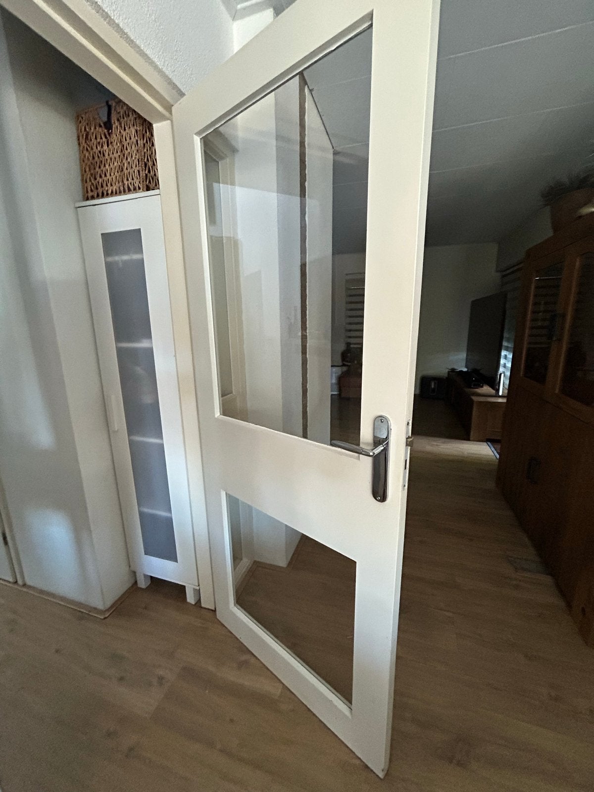 Twee hardhouten deuren met glas, scharnieren en klink, Ophalen, Gebruikt, 80 tot 100 cm, Binnendeur