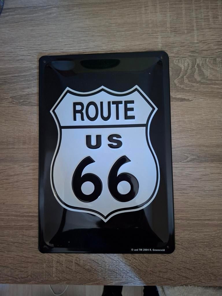 Blikken bordjes Route 66, Kever Cabrio, Corvette Sting Ray, Ophalen of Verzenden, Gebruikt