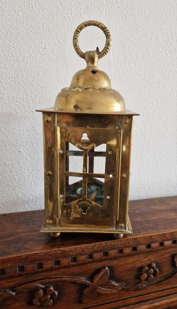 Mooie,  antieke, koperen lantaarntje voor een kaarsje, Antiek en Kunst, Ophalen of Verzenden
