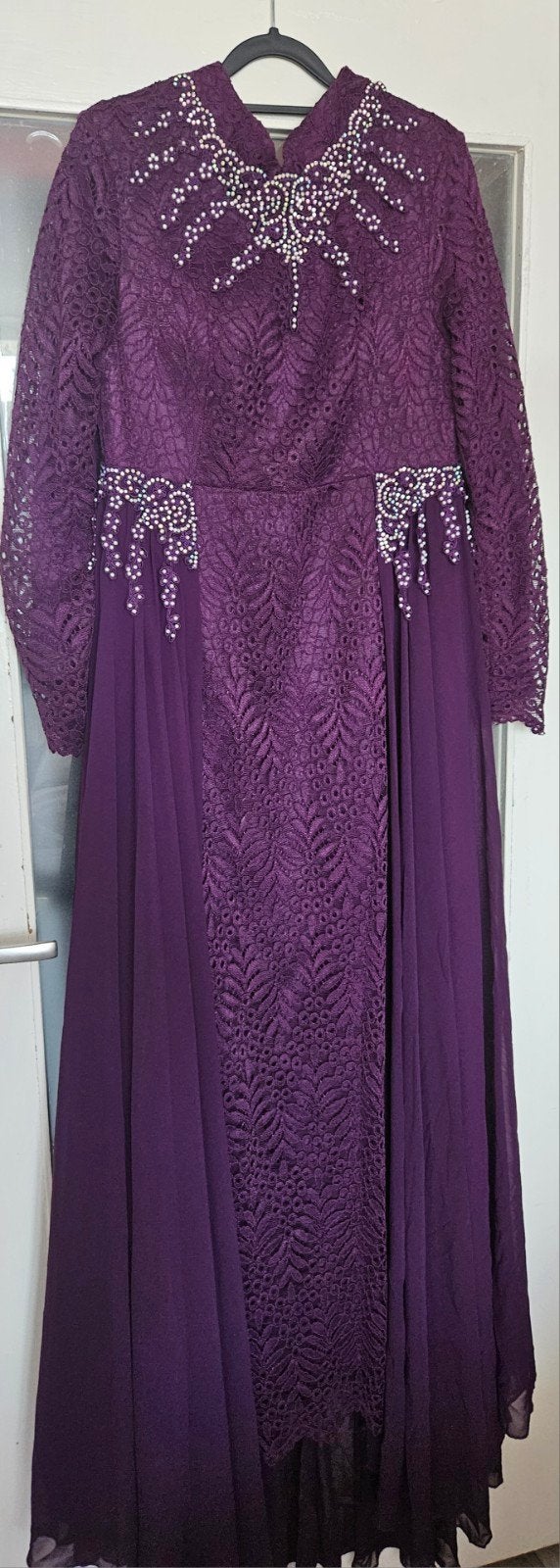 Paarse galajurk met kant + steentjes (abiye) maat 46/48, Galajurk, Verzenden, Paars, Maat 46/48 (XL) of groter